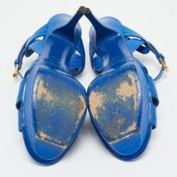 Pre Owned Saint Laurent Paris Blue Lizard Embossed Leather Tribute Platform Sandals Size 37.5