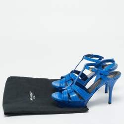 Pre Owned Saint Laurent Paris Blue Lizard Embossed Leather Tribute Platform Sandals Size 37.5