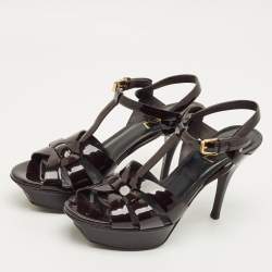 Pre Owned Saint Laurent Paris Burgundy Patent Leather Tribute Platform Sandals Size 37.5