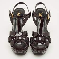 Pre Owned Saint Laurent Paris Burgundy Patent Leather Tribute Platform Sandals Size 37.5