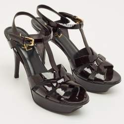 Pre Owned Saint Laurent Paris Burgundy Patent Leather Tribute Platform Sandals Size 37.5