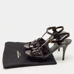 Pre Owned Saint Laurent Paris Burgundy Patent Leather Tribute Platform Sandals Size 37.5