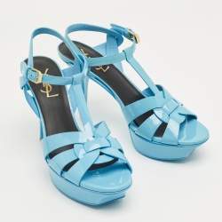 Pre Owned Saint Laurent Paris Sky Blue Patent Leather Tribute Platform Sandals Size 37.5