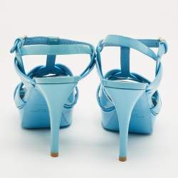 Pre Owned Saint Laurent Paris Sky Blue Patent Leather Tribute Platform Sandals Size 37.5