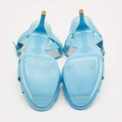 Pre Owned Saint Laurent Paris Sky Blue Patent Leather Tribute Platform Sandals Size 37.5