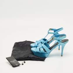 Pre Owned Saint Laurent Paris Sky Blue Patent Leather Tribute Platform Sandals Size 37.5