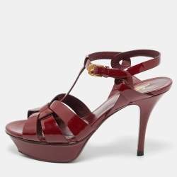 Pre Owned Saint Laurent Paris Burgundy Patent Leather Tribute Platform Sandals Size 37