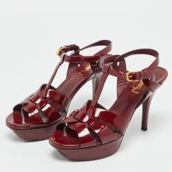 Pre Owned Saint Laurent Paris Burgundy Patent Leather Tribute Platform Sandals Size 37
