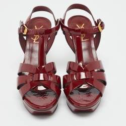 Pre Owned Saint Laurent Paris Burgundy Patent Leather Tribute Platform Sandals Size 37