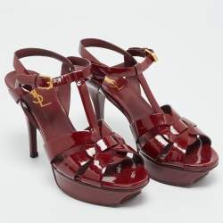 Pre Owned Saint Laurent Paris Burgundy Patent Leather Tribute Platform Sandals Size 37