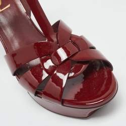 Pre Owned Saint Laurent Paris Burgundy Patent Leather Tribute Platform Sandals Size 37