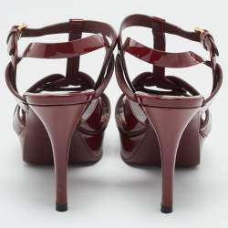 Pre Owned Saint Laurent Paris Burgundy Patent Leather Tribute Platform Sandals Size 37