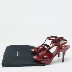 Pre Owned Saint Laurent Paris Burgundy Patent Leather Tribute Platform Sandals Size 37