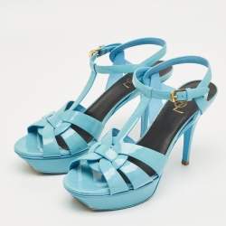 Pre Owned Saint Laurent Blue Patent Leather Platform Sandals Size 40