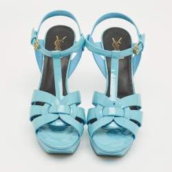 Pre Owned Saint Laurent Blue Patent Leather Platform Sandals Size 40