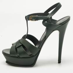 Pre Owned Saint Laurent Green Leather Tribute Platform Sandals Size 39