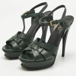 Pre Owned Saint Laurent Green Leather Tribute Platform Sandals Size 39