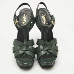 Pre Owned Saint Laurent Green Leather Tribute Platform Sandals Size 39