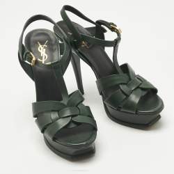 Pre Owned Saint Laurent Green Leather Tribute Platform Sandals Size 39