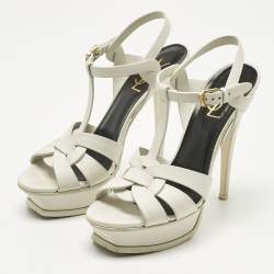 Pre Owned Saint Laurent Paris White Leather Platform Sandals Size 38
