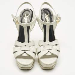 Pre Owned Saint Laurent Paris White Leather Platform Sandals Size 38