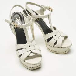 Pre Owned Saint Laurent Paris White Leather Platform Sandals Size 38
