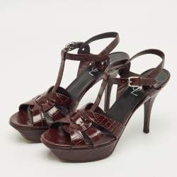 Pre Owned Saint Laurent Burgundy Croc Embossed Leather Tribute Ankle Strap Sandals Size 38