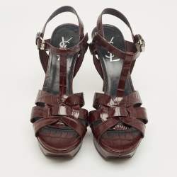 Pre Owned Saint Laurent Burgundy Croc Embossed Leather Tribute Ankle Strap Sandals Size 38
