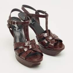 Pre Owned Saint Laurent Burgundy Croc Embossed Leather Tribute Ankle Strap Sandals Size 38