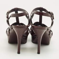 Pre Owned Saint Laurent Burgundy Croc Embossed Leather Tribute Ankle Strap Sandals Size 38