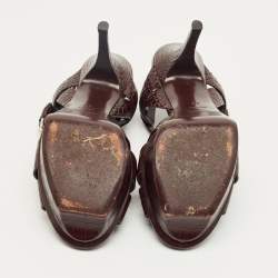 Pre Owned Saint Laurent Burgundy Croc Embossed Leather Tribute Ankle Strap Sandals Size 38