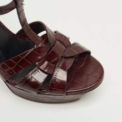 Pre Owned Saint Laurent Burgundy Croc Embossed Leather Tribute Ankle Strap Sandals Size 38