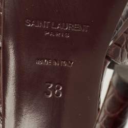 Pre Owned Saint Laurent Burgundy Croc Embossed Leather Tribute Ankle Strap Sandals Size 38