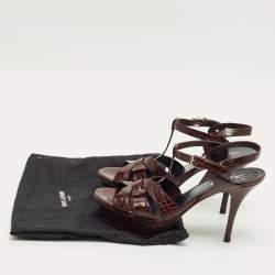 Pre Owned Saint Laurent Burgundy Croc Embossed Leather Tribute Ankle Strap Sandals Size 38