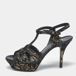 Pre Owned Saint Laurent Beige/Black Suede and Mash Tribute Ankle Strap Sandals Size 38