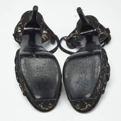 Pre Owned Saint Laurent Beige/Black Suede and Mash Tribute Ankle Strap Sandals Size 38