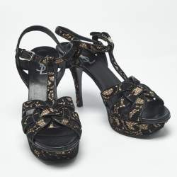 Pre Owned Saint Laurent Beige/Black Suede and Mash Tribute Ankle Strap Sandals Size 38