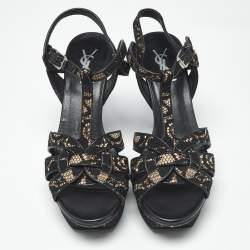Pre Owned Saint Laurent Beige/Black Suede and Mash Tribute Ankle Strap Sandals Size 38