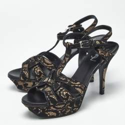 Pre Owned Saint Laurent Beige/Black Suede and Mash Tribute Ankle Strap Sandals Size 38