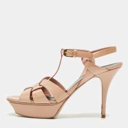 Pre Owned Saint Laurent Beige Patent Leather Tribute Platform Sandals Size 39
