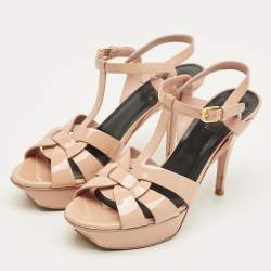 Pre Owned Saint Laurent Beige Patent Leather Tribute Platform Sandals Size 39