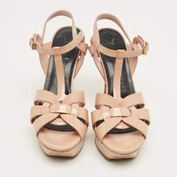 Pre Owned Saint Laurent Beige Patent Leather Tribute Platform Sandals Size 39