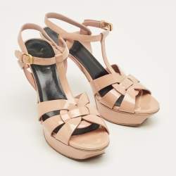 Pre Owned Saint Laurent Beige Patent Leather Tribute Platform Sandals Size 39