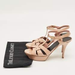 Pre Owned Saint Laurent Beige Patent Leather Tribute Platform Sandals Size 39