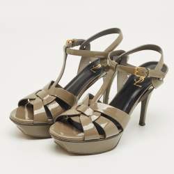 Pre Owned Saint Laurent Grey Patent Leather Tribute Platform Sandals Size 39