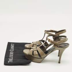Pre Owned Saint Laurent Grey Patent Leather Tribute Platform Sandals Size 39