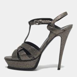 Pre Owned Saint Laurent Grey/Gold Leather Tribute Platform Sandals Size 39
