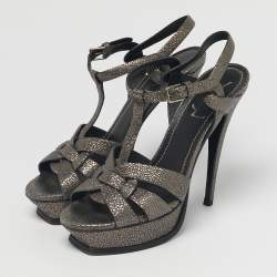 Pre Owned Saint Laurent Grey/Gold Leather Tribute Platform Sandals Size 39