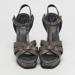 Pre Owned Saint Laurent Grey/Gold Leather Tribute Platform Sandals Size 39