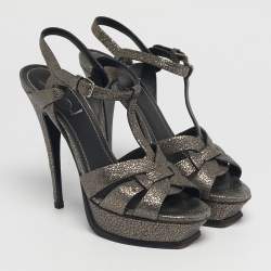 Pre Owned Saint Laurent Grey/Gold Leather Tribute Platform Sandals Size 39